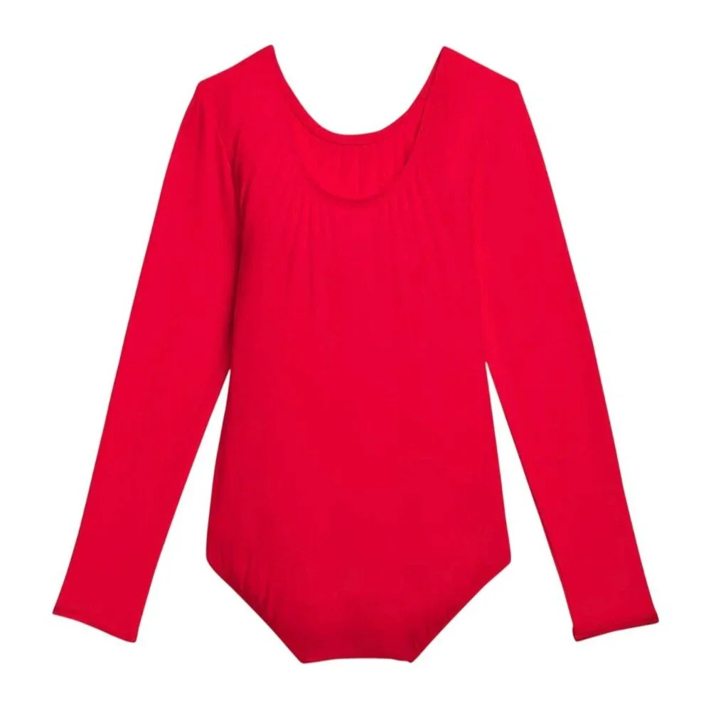 Danskin Childs L 12-14 Long Sleeve Leotard Red Scoop Neck Bodysuit Class Dance